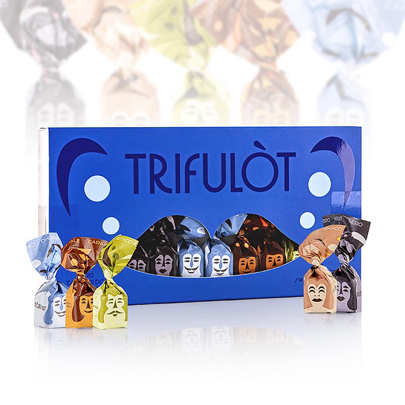 Trüffelpralinen Alba mini in den Sorten dunkle Schokolade, weiße Schokolade, Pistazie, Karamell & Salz, Cappuccino, 20 Stück, 145g