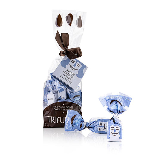 Trüffelpralinen Alba mini, Cappuccino (hellblau) 180 g - Bild von Tartuflanghe Trifulòt zeigt verführerische Schokoladentrüffel in einer eleganten Verpackung