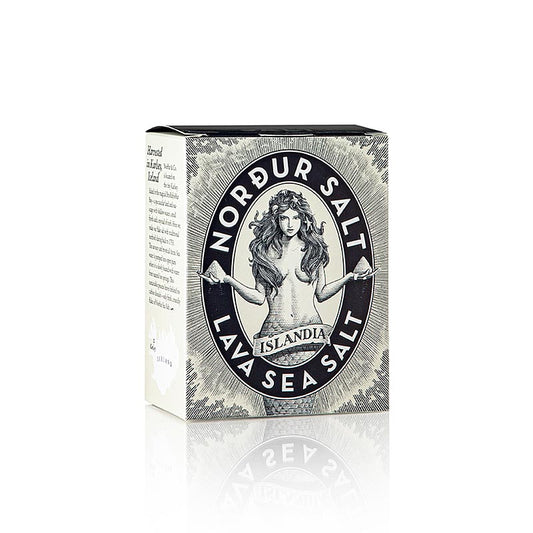 NORDUR isländische Salzflocken, LAVA (schwarzes Salz mit Kohle), Dekorsalz, 100 g - Produktbild mit hochwertigem isländischem Salz in dekorativer Verpackung