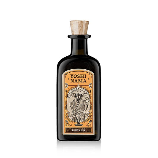 Yoshi Nama Mikan Gin, 42% vol, aus Deutschland, 500 ml, Flasche mit goldenem Etikett und Fruchtillustration