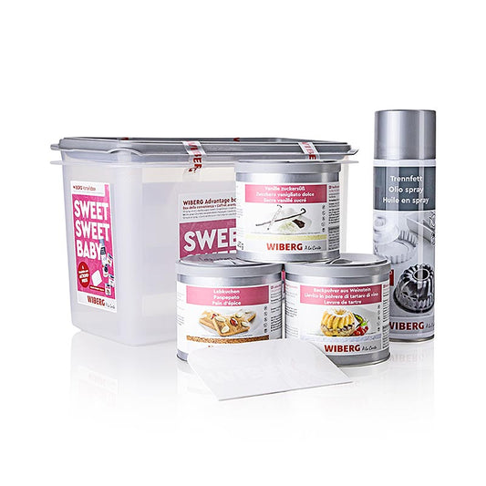 Set mit WIBERG Back Promotion Teigschaber, Trennfett, V-Zucker, Lebkuchen, Backpulver und Box, 6-teilig, ideal für das Backen zu Hause oder in der Bäckerei