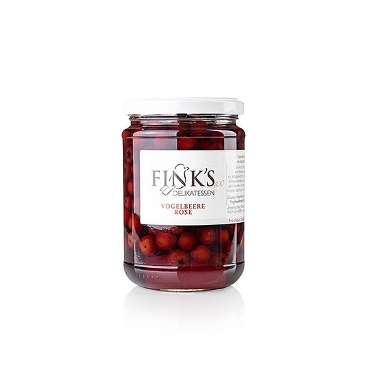 Vogelbeeren Rosé, mit Vogelbeerenbrand, Fink´s Delikatessen, 400 g – köstliche Delikatesse aus handverlesenen Vogelbeeren in edlem Rosé, verfeinert mit hochwertigem Vogelbeerenbrand