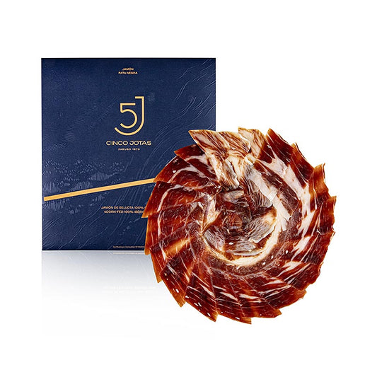 Handgeschnittener 100% Eichelmast Ibérico-Hinterschinken von Cinco Jotas, 70 g, hochwertiges Produkt