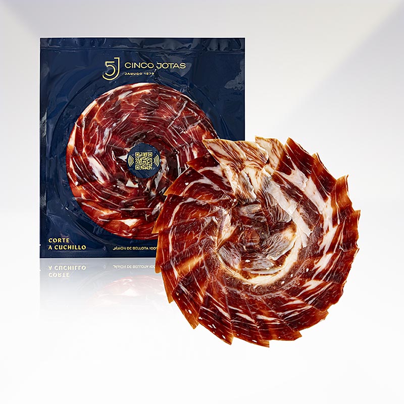 Hochwertiger handgeschnittener 100% Eichelmast Ibérico Schinken von Cinco Jotas, 80 g