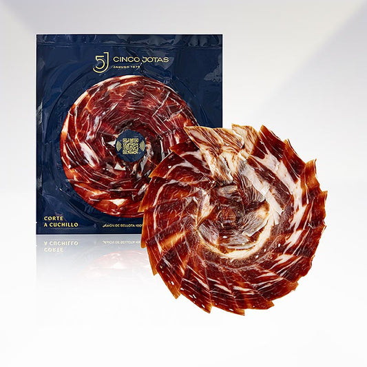 Hochwertiger handgeschnittener 100% Eichelmast Ibérico Schinken von Cinco Jotas, 80 g
