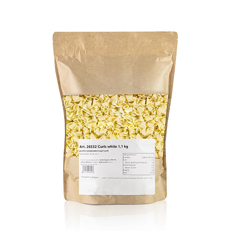 Schoko-Garnierraspel Blüte Weiß (Locken weiß), 1,1 kg - Hochwertige weiße Schokoladenraspeln für die Dekoration von Backwaren und Desserts