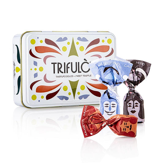Trüffelpralinen von Tartuflanghe trifulòt in einer Metall-Geschenkbox, 100 g, 3 Sorten (DCA) - köstliche Schokoladentrüffel mit Alba-Trüffeln