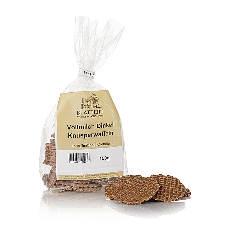 Blattert Mühle Vollmilch Dinkelwaffel Gebäck, 150 g - leckeres und knuspriges Vollmilch Dinkelwaffel Gebäck in einer 150 g Verpackung