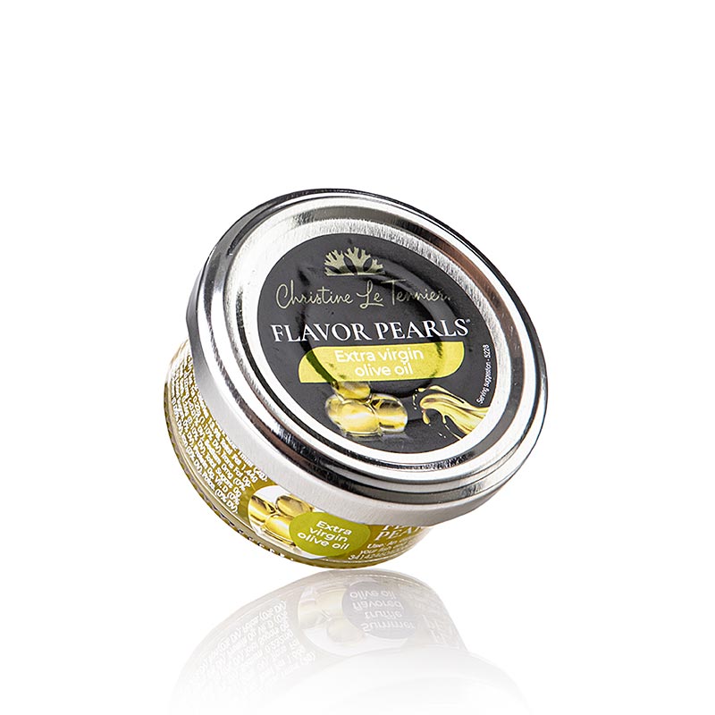 Perles D´Huile - Olivenölkaviar, Perlen aus Olivenöl (spherical), 45 g - Bild eines Glases mit Olivenölperlen, die als luxuriöse Ergänzung zu verschiedenen Gerichten dienen