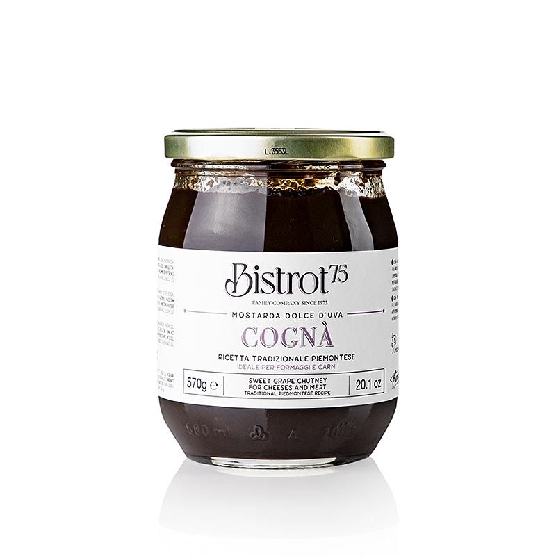 Süßes Traubenmost-Chutney, verpackt in einer 570g-Flasche von Tartuflanghe - Bistro 75 - Cognà