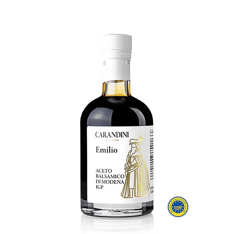 Flasche Carandini Aceto Balsamico di Modena ggA, Emilio Riserva (Gold) 250 ml, mit edlem goldfarbenem Etikett und dunklem Essiginhalt
