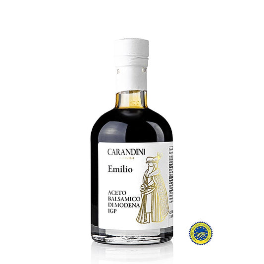 Flasche Carandini Aceto Balsamico di Modena ggA, Emilio Riserva (Gold) 250 ml, mit edlem goldfarbenem Etikett und dunklem Essiginhalt