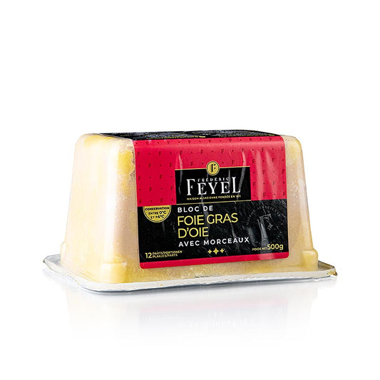 Gänsestopfleberblock, Foie Gras, mit Stücken, Feyel, 500 g - Luxuriöses Gänsestopfleberblock-Produkt von Feyel mit Stücken, 500 g