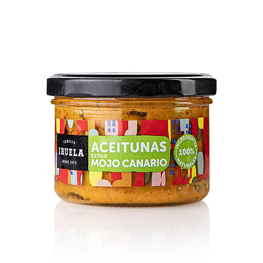 Aceitunas Mojo Canario, Olives Manzanilla dénoyautées en sauce mojo, Iruela, 200 g