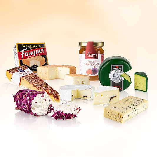 Set “Selezione variegata di formaggi 2026” (6 varietà + salsa alla senape e fichi), 1,15 kg, 7 pezzi.
