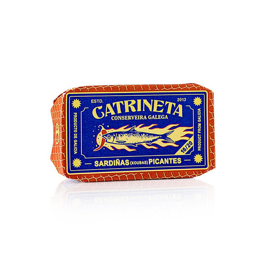 Sardine (sardinas picantes), intere, in Olio d'oliva peperoncino, Catrineta, 115 g