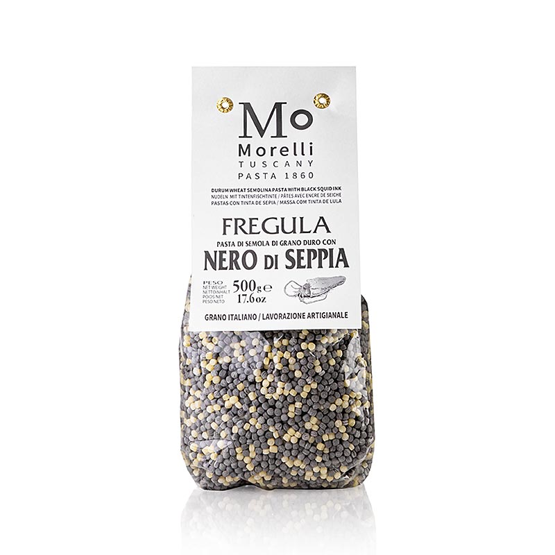 Nudeln Fregula (Fregola) Nero di Seppia (m. Tintenfischtinte) Morelli 1860, 500 g