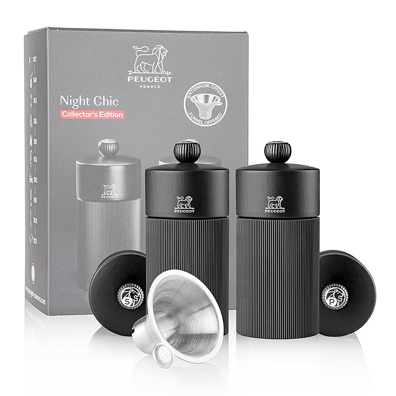 Peugeot - Sale  pepe, linea NIGHT CHIC, nero opaco, 12 cm, con imbuto in acciaio inossidabile incluso