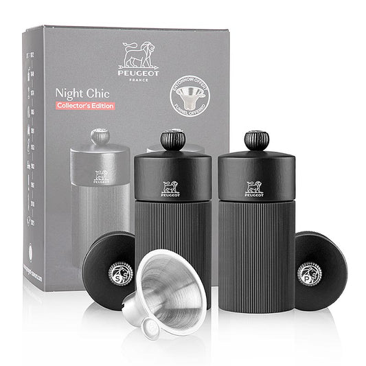 Peugeot - Sale  pepe, linea NIGHT CHIC, nero opaco, 12 cm, con imbuto in acciaio inossidabile incluso