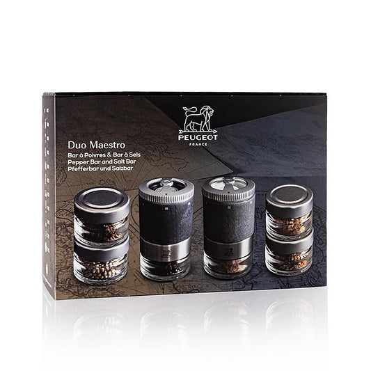 Moulin à sel et à poivre MAESTRO DUO, avec 6 pots à épices, gris clair, 11 cm, Peugeot, 1 pièce