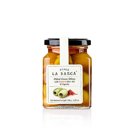 Olives vertes, dénoyautées, au paprika fumé, Finca Barca, 140 g