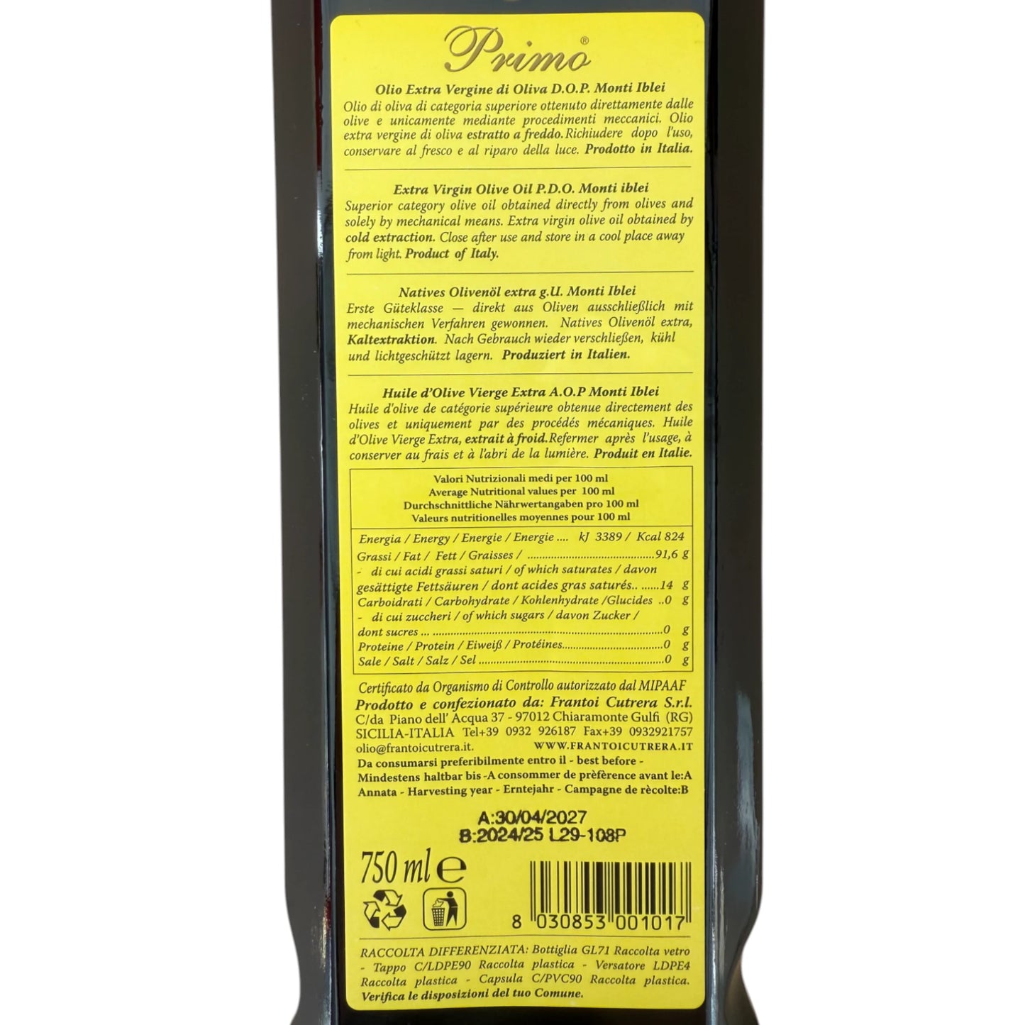 Frantoi Cutrera Primo DOP, Natives Olivenöl Extra,  100% Tonda Iblea, 750 ml