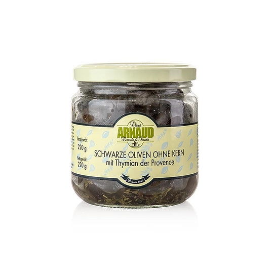 Schwarze Oliven, ohne Kern, mit Thymian, in Sonnenblumenöl, Arnaud, 220 g