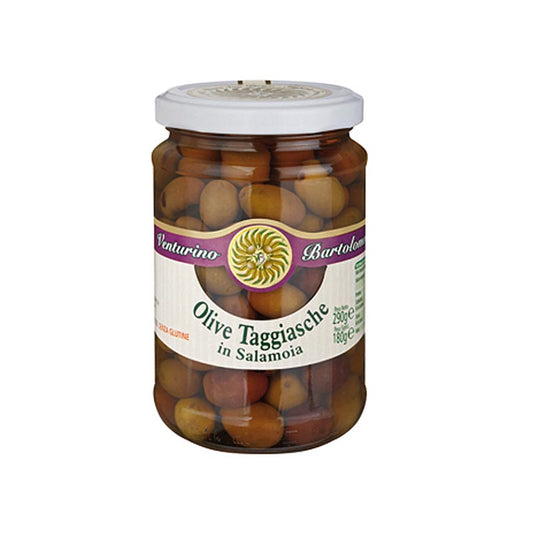 Oliven Mischung, grüne & schwarze Taggiasca-Oliven, mit Kern, in Lake, Venturino, 290 g