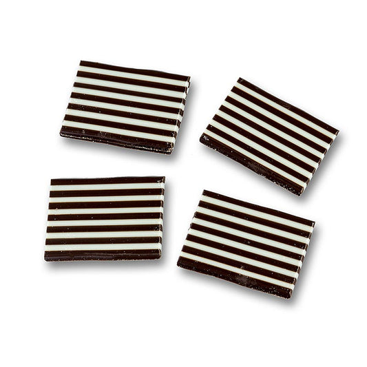Deko-Aufleger "Domino Rechteck" weiße/dunkle Schokolade gestreift, 32x49mm, 1,2 kg, ca.380 St