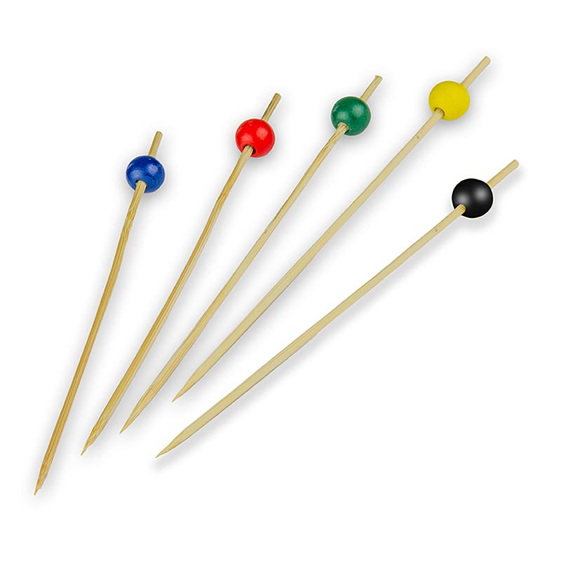 Bambus-Spieße, mit Kugel, 5 Farben (rot, braun, gelb, blau, schwarz), 15cm, 100 St