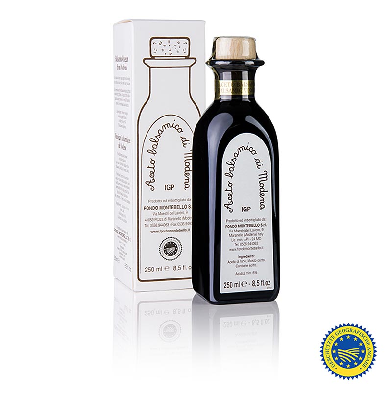 Aceto Balsamico di Modena ggA, FM 01, carton blanc, 250 ml - Vinaigre balsamique à maturation noble, idéal pour le jambon de Parme et le melon, les salades d'hiver, le foie de veau et les sauces de viande, ainsi que pour les marinades Idée cadeau attrayante en bouteille de pharmacie de 250 ml