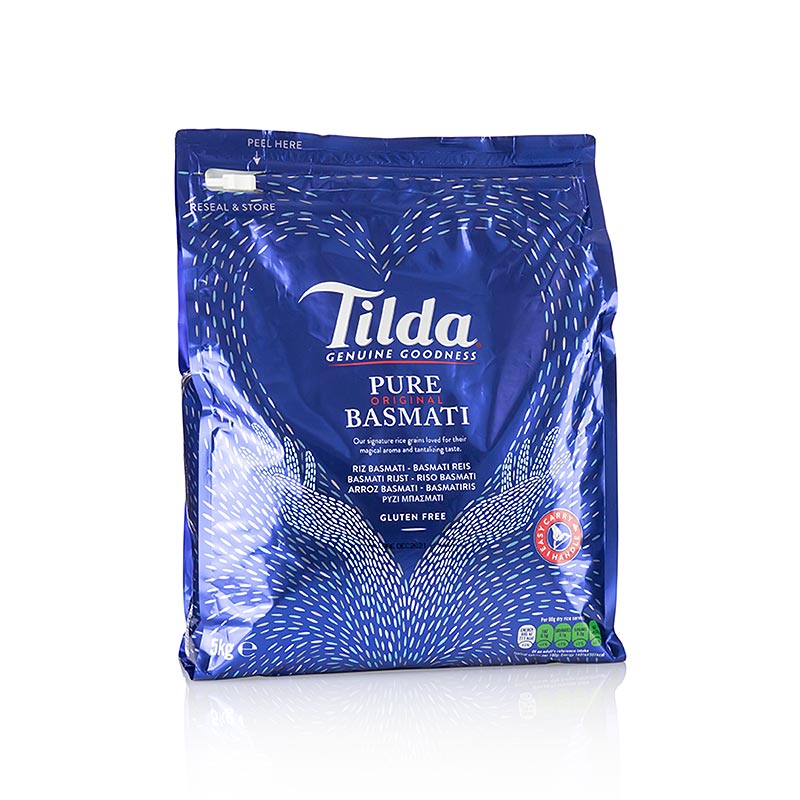 5 kg de riz basmati de Tilda dans un sac pratique à fermeture éclair, idéal pour un délicieux parfum de noisette et un goût merveilleux en cuisinant et en mangeant.