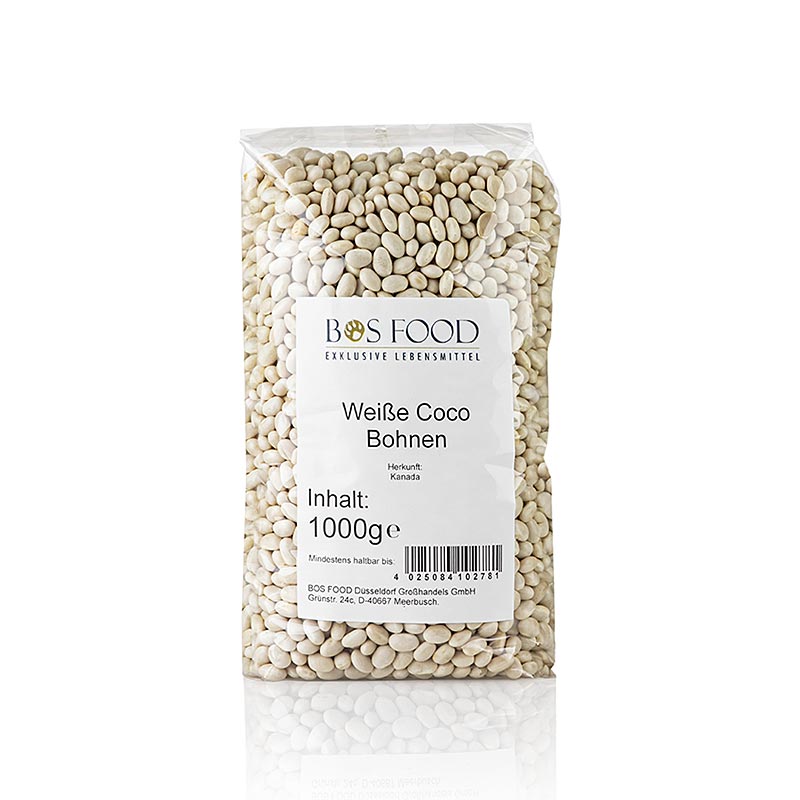 Haricots de coco blancs séchés de France, goût doux, convient comme garniture ou entrée, temps de cuisson env. 30 minutes, longueur env. 0,5cm