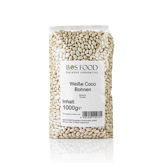 Haricots de coco blancs séchés de France, goût doux, convient comme garniture ou entrée, temps de cuisson env. 30 minutes, longueur env. 0,5cm
