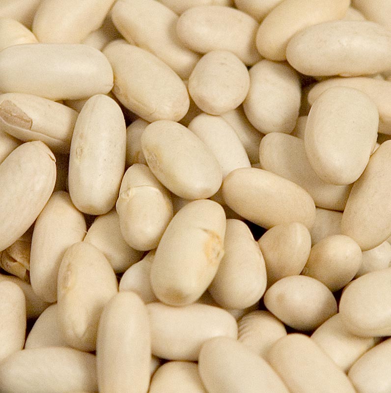 Haricots blancs séchés de taille moyenne, à la saveur douce, adaptés à l'accompagnement ou à l'entrée.
