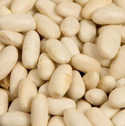 Haricots blancs séchés de taille moyenne, à la saveur douce, adaptés à l'accompagnement ou à l'entrée.