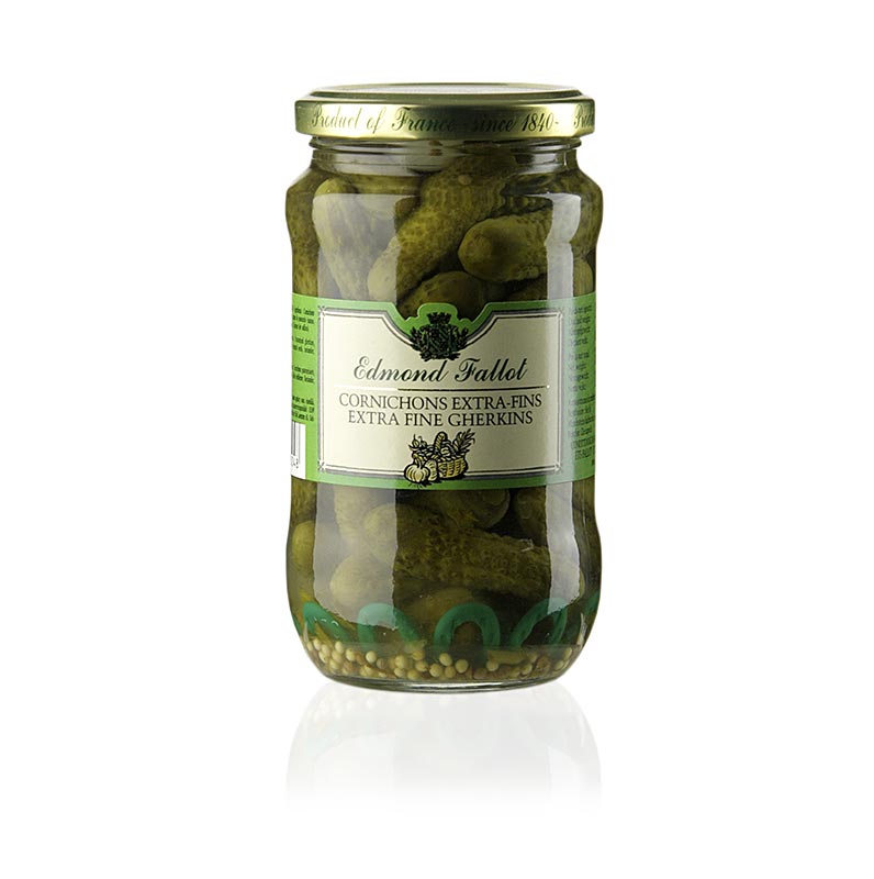 Cornichons Fallot, extra fins, 340 g, produits dans la région Champagne-Ardenne, France, idéals en dessert ou en complément de recettes, délicatement sucrés et au goût vinaigré pour les gourmands