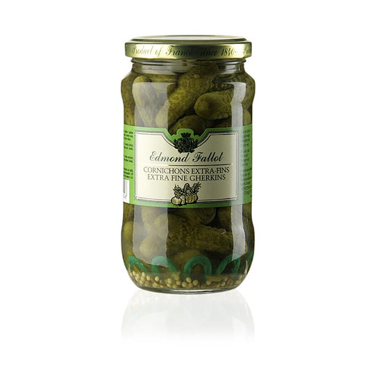 Cornichons Fallot, extra fins, 340 g, produits dans la région Champagne-Ardenne, France, idéals en dessert ou en complément de recettes, délicatement sucrés et au goût vinaigré pour les gourmands