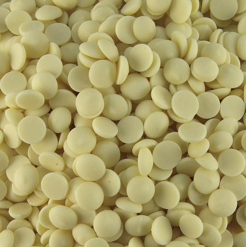 Description de l'image : Chocolat blanc Callets avec 28% de beurre de cacao et 22% de lait, idéal pour fondre, enrober, fourrer, décorer et faire des mousses Aromatique et polyvalent
