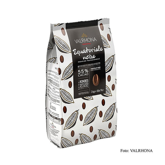 Valrhona Equatoriale Noire, couverture noire, Callets, 55% cacao, 3 kg - Chocolat noir polyvalent avec 55% de cacao, idéal pour enrober, décorer et fourrer les pâtisseries et les pralinés, sous forme pratique de callets