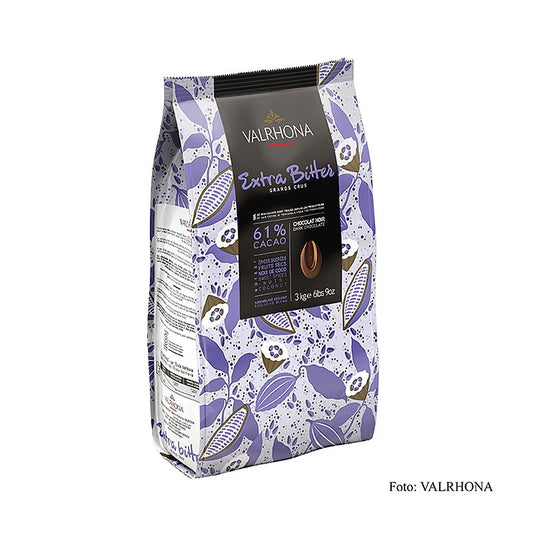 Couverture noire Valrhona Extra Bitter, 61% de cacao, idéale pour enrober les pralines et fourrer les produits en chocolat