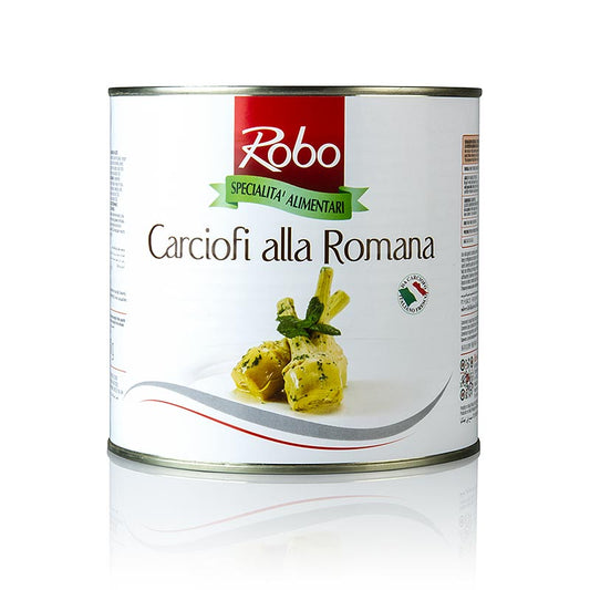 Artichauts marinés alla Romana avec tige à l'huile, 2,4 kg, feuilles extérieures retirées, intérieur coupé en rond, tige épluchée, marinés dans l'huile et le vinaigre de vin avec des herbes, à servir tièdes ou gratinés, 22-28 pièces par boîte