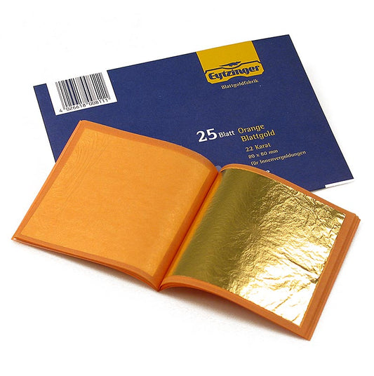 Feuille d'or en carnet, 22 carats, 80 x 80 mm, E175, 25 feuilles - Finition pour la cuisine et la pâtisserie, très fine et adaptée au contact alimentaire