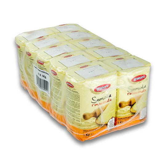 Semoule de blé dur, Semola rimacinata, Granoro, 10 kg, 10 x 1000g - ingrédient de base parfait pour la pâte à pâtes italienne classique pour spaghettis, lasagnes, tagliatelles et autres pâtes alimentaires
