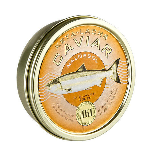 Caviar Keta finement sélectionné et préparé à partir d'œufs de saumon pour une saveur unique Idéal pour les toasts, les blinis et en accompagnement de vos plats préférés Paquet de 250 g à déguster chez soi ou à offrir Caviar de saumon Keta de luxe pour votre prochain repas