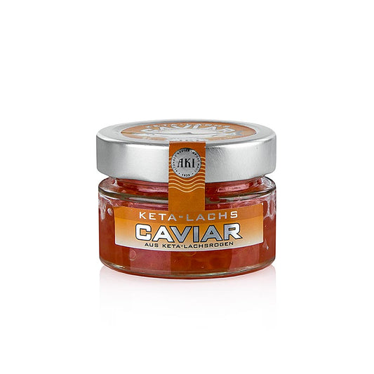 Caviar de saumon Keta, 100 g - Caviar de qualité supérieure à base d'œufs de saumon femelle, idéal pour les soupes à la crème aux herbes et comme décoration comestible pour les plats froids, avec un goût propre caractéristique.