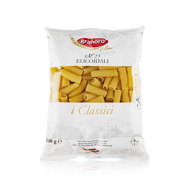 Elicoidali, tubes courts de 1 cm de diamètre et de 3-4 cm de long, à la structure cannelée, idéaux pour les sauces grossières, à base de semoule de blé dur de première qualité sans œufs, temps de cuisson 6-10 minutes