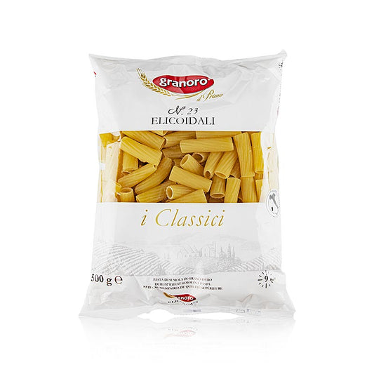 Elicoidali, tubes courts de 1 cm de diamètre et de 3-4 cm de long, à la structure cannelée, idéaux pour les sauces grossières, à base de semoule de blé dur de première qualité sans œufs, temps de cuisson 6-10 minutes