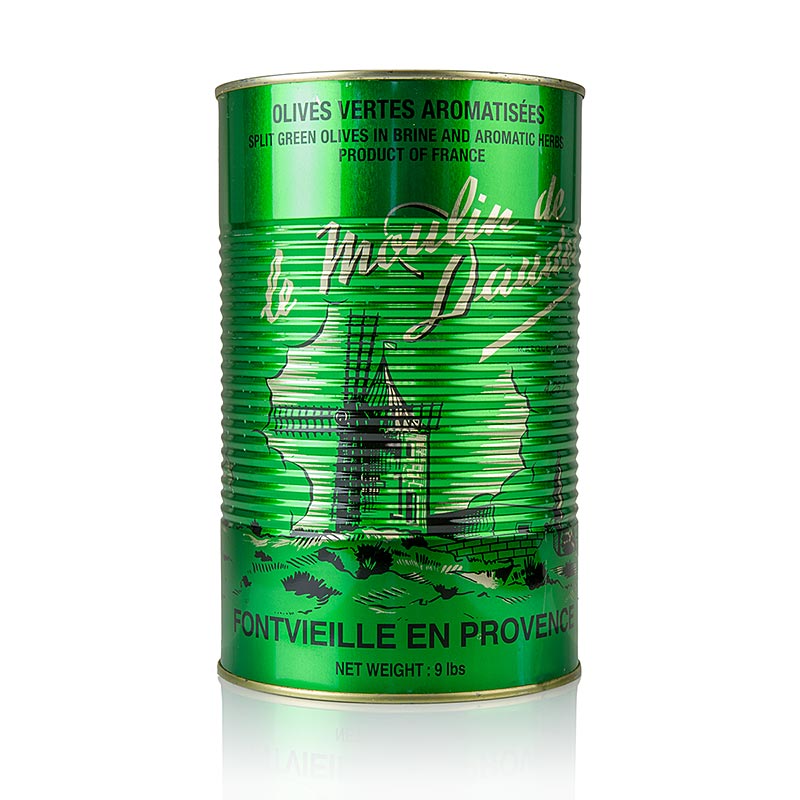 Olives vertes dénoyautées aux herbes de Provence en saumure, affinées à l'huile de graines de tournesol, en emballage de 4,3 kg d'Arnaud