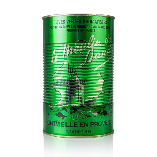 Olives vertes dénoyautées aux herbes de Provence en saumure, affinées à l'huile de graines de tournesol, en emballage de 4,3 kg d'Arnaud